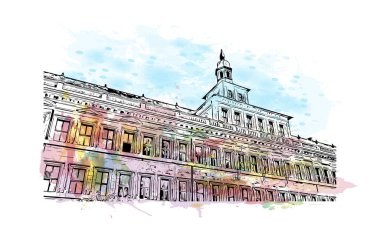 Print Building view with landmark of Nuremberg is the city in Germany. Watercolor splash with hand drawn sketch illustration in vector.