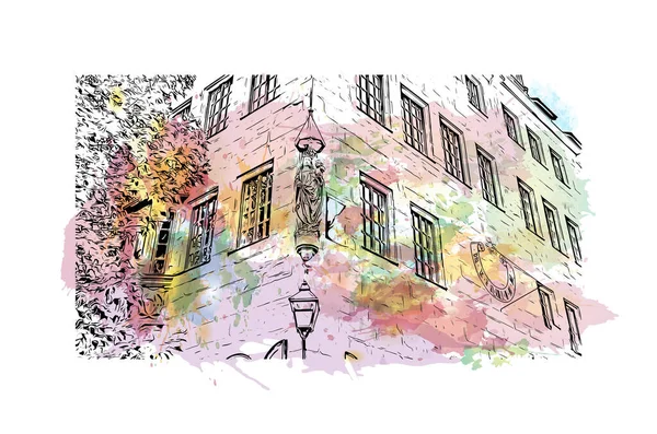 Print Building view with landmark of Nuremberg is the city in Germany. Watercolor splash with hand drawn sketch illustration in vector.