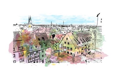 Print Building view with landmark of Nuremberg is the city in Germany. Watercolor splash with hand drawn sketch illustration in vector.