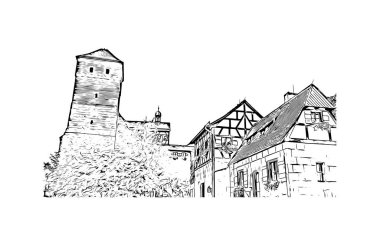 Print Building view with landmark of Nuremberg is the city in Germany. Hand drawn sketch illustration in vector.