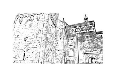 Print Building view with landmark of Nuremberg is the city in Germany. Hand drawn sketch illustration in vector.
