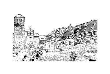Print Building view with landmark of Nuremberg is the city in Germany. Hand drawn sketch illustration in vector.