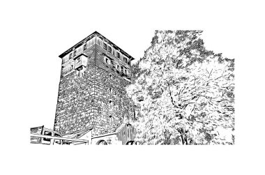Print Building view with landmark of Nuremberg is the city in Germany. Hand drawn sketch illustration in vector.