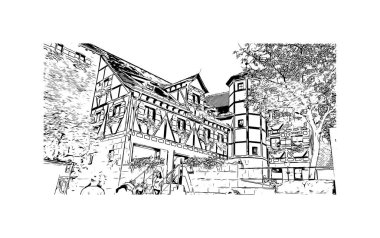 Print Building view with landmark of Nuremberg is the city in Germany. Hand drawn sketch illustration in vector.