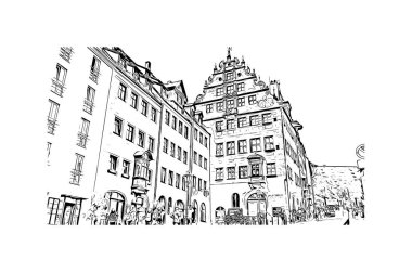 Print Building view with landmark of Nuremberg is the city in Germany. Hand drawn sketch illustration in vector.