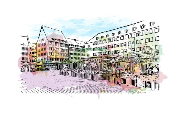 Print Building View Landmark Nuremberg City Germany Watercolor Splash Hand — Vetor de Stock