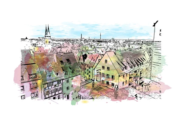 Print Building view with landmark of Nuremberg is the city in Germany. Watercolor splash with hand drawn sketch illustration in vector.