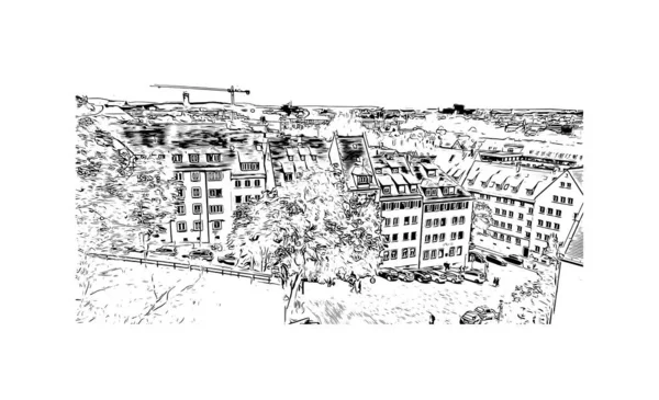 Print Building view with landmark of Nuremberg is the city in Germany. Hand drawn sketch illustration in vector.
