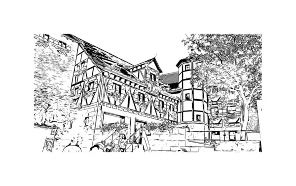 Print Building view with landmark of Nuremberg is the city in Germany. Hand drawn sketch illustration in vector.