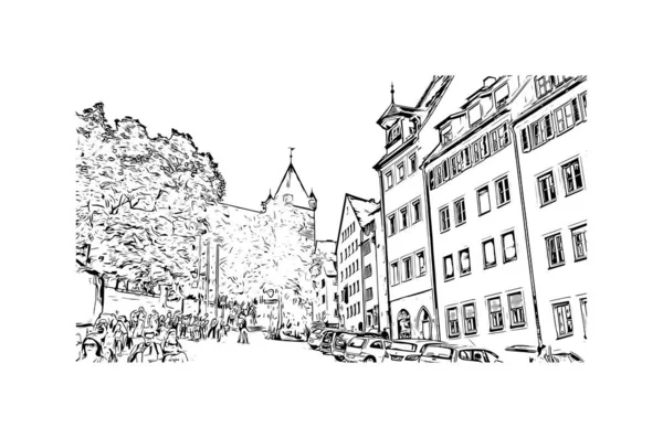 Print Building view with landmark of Nuremberg is the city in Germany. Hand drawn sketch illustration in vector.