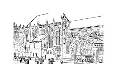 Print Building view with landmark of Nuremberg is the city in Germany. Hand drawn sketch illustration in vector.