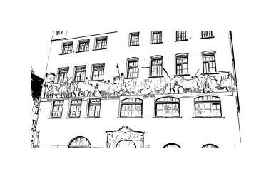 Print Building view with landmark of Nuremberg is the city in Germany. Hand drawn sketch illustration in vector.