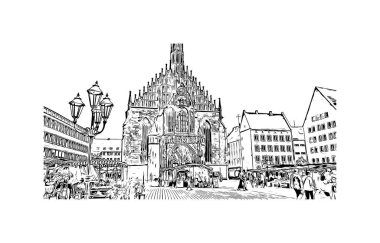 Print Building view with landmark of Nuremberg is the city in Germany. Hand drawn sketch illustration in vector.