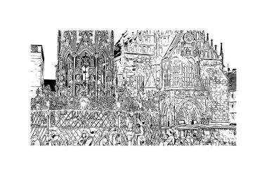 Print Building view with landmark of Nuremberg is the city in Germany. Hand drawn sketch illustration in vector.
