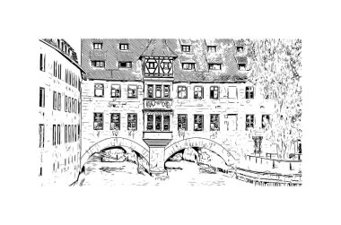 Print Building view with landmark of Nuremberg is the city in Germany. Hand drawn sketch illustration in vector.