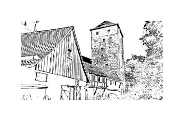 Print Building view with landmark of Nuremberg is the city in Germany. Hand drawn sketch illustration in vector.
