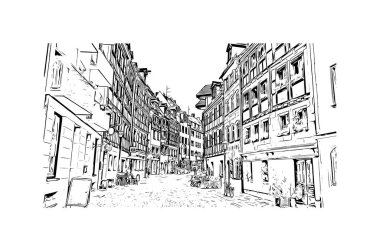 Print Building view with landmark of Nuremberg is the city in Germany. Hand drawn sketch illustration in vector.