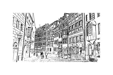 Print Building view with landmark of Nuremberg is the city in Germany. Hand drawn sketch illustration in vector.