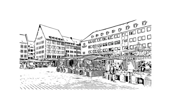 Print Building View Landmark Nuremberg City Germany Hand Drawn Sketch — 图库矢量图片