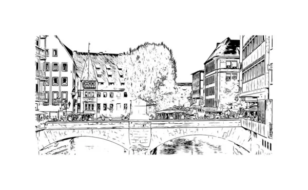 Print Building view with landmark of Nuremberg is the city in Germany. Hand drawn sketch illustration in vector.