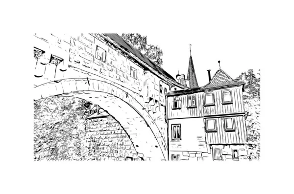 Print Building view with landmark of Nuremberg is the city in Germany. Hand drawn sketch illustration in vector.