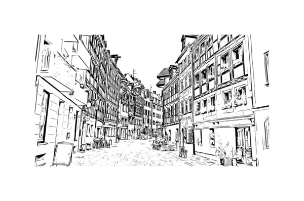 Print Building view with landmark of Nuremberg is the city in Germany. Hand drawn sketch illustration in vector.