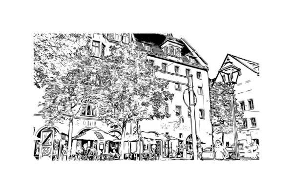 Print Building view with landmark of Nuremberg is the city in Germany. Hand drawn sketch illustration in vector.
