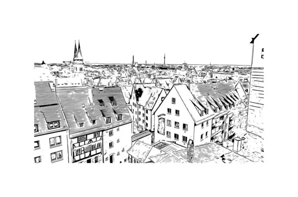 Print Building view with landmark of Nuremberg is the city in Germany. Hand drawn sketch illustration in vector.