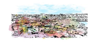 Print Building view with landmark of Nuuk is the capital in Greenland. Watercolor splash with hand drawn sketch illustration in vector.