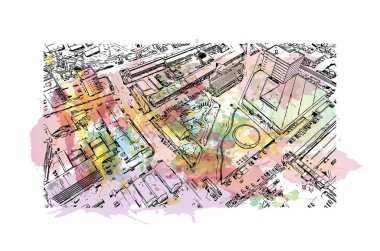 Print Building view with landmark of Nuuk is the capital in Greenland. Watercolor splash with hand drawn sketch illustration in vector.