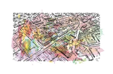 Print Building view with landmark of Nuuk is the capital in Greenland. Watercolor splash with hand drawn sketch illustration in vector.