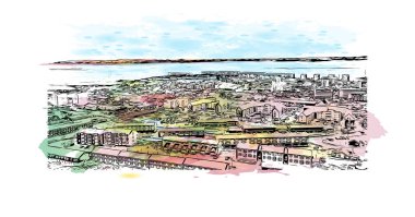 Print Building view with landmark of Nuuk is the capital in Greenland. Watercolor splash with hand drawn sketch illustration in vector.