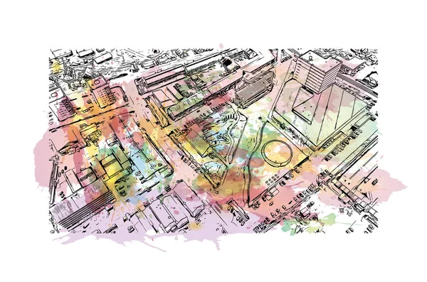 Print Building view with landmark of Nuuk is the capital in Greenland. Watercolor splash with hand drawn sketch illustration in vector.