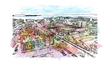 Print Building view with landmark of Nuuk is the capital in Greenland. Watercolor splash with hand drawn sketch illustration in vector.