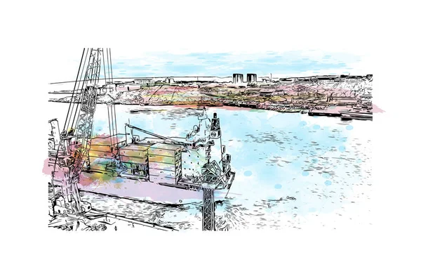 Print Building view with landmark of Nuuk is the capital in Greenland. Watercolor splash with hand drawn sketch illustration in vector.