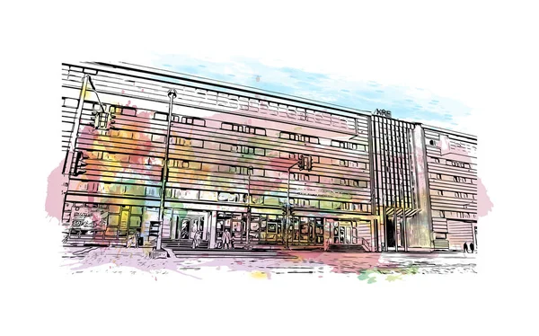 Print Building view with landmark of Nuuk is the capital in Greenland. Watercolor splash with hand drawn sketch illustration in vector.