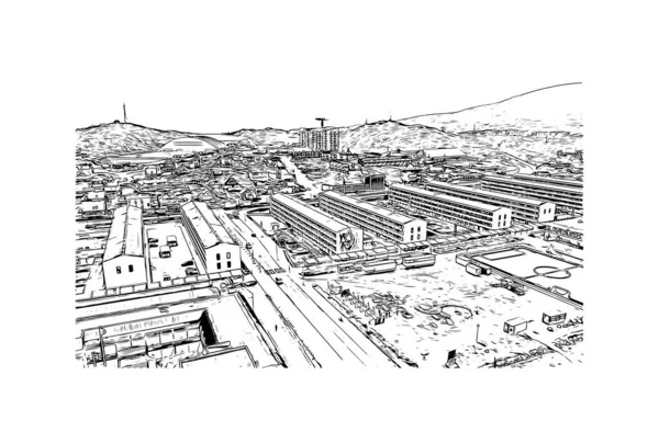 Print Building view with landmark of Nuuk is the capital of Greenland. Hand drawn sketch illustration in vector.