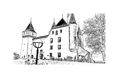 Print Building view with landmark of Nyon is the municipality in Switzerland. Hand drawn sketch illustration in vector.