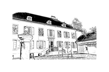 Print Building view with landmark of Nyon is the municipality in Switzerland. Hand drawn sketch illustration in vector