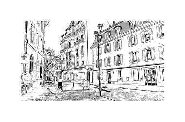 Print Building view with landmark of Nyon is the municipality in Switzerland. Hand drawn sketch illustration in vector