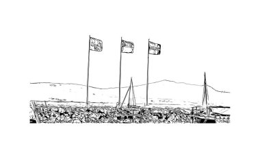 Print Building view with landmark of Nyon is the municipality in Switzerland. Hand drawn sketch illustration in vector
