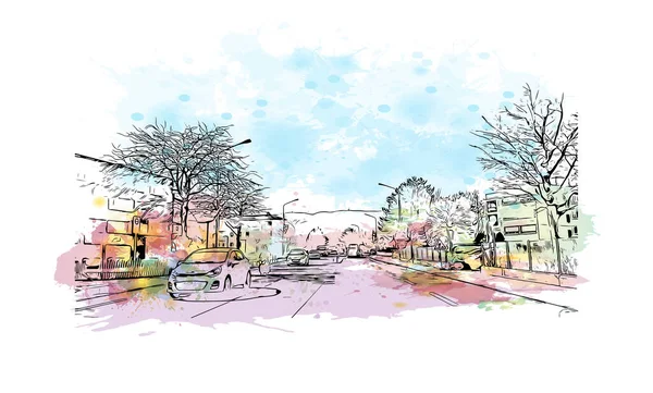 Print Building view with landmark of Nyon is the municipality in Switzerland. Watercolor splash with hand drawn sketch illustration in vector.