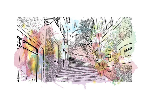 Print Building view with landmark of Nyon is the municipality in Switzerland. Watercolor splash with hand drawn sketch illustration in vector.