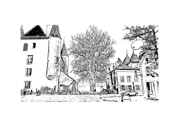 Print Building View Landmark Nyon Municipality Switzerland Hand Drawn Sketch — 图库矢量图片