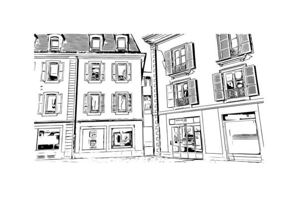 Print Building View Landmark Nyon Municipality Switzerland Hand Drawn Sketch — Vetor de Stock