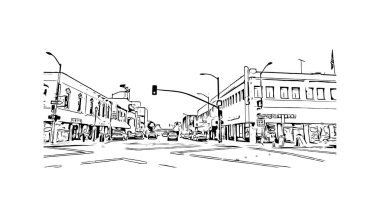 Print Building view with landmark of Oakland is the city in California. Hand drawn sketch illustration in vector.
