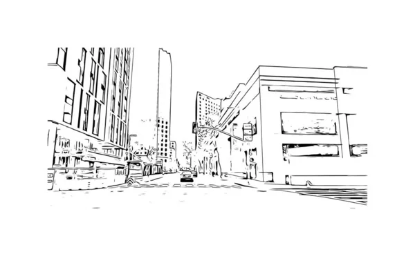 Print Building View Landmark Oakland City California Hand Drawn Sketch — Vetor de Stock