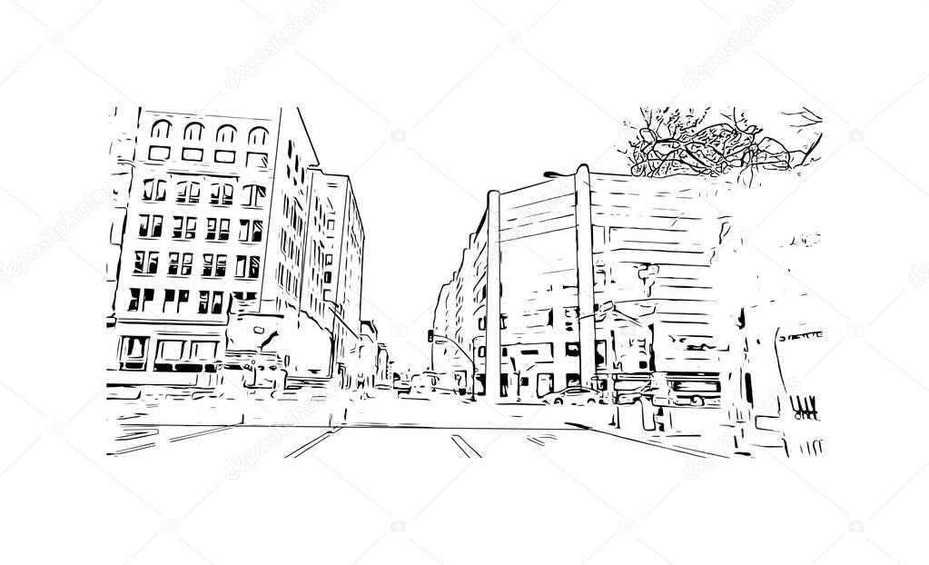 Print Building view with landmark of Oakland is the city in California. Hand drawn sketch illustration in vector.