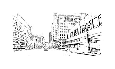 Print Building view with landmark of Oakland is the city in California. Hand drawn sketch illustration in vector.