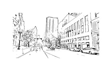 Print Building view with landmark of Oakland is the city in California. Hand drawn sketch illustration in vector.